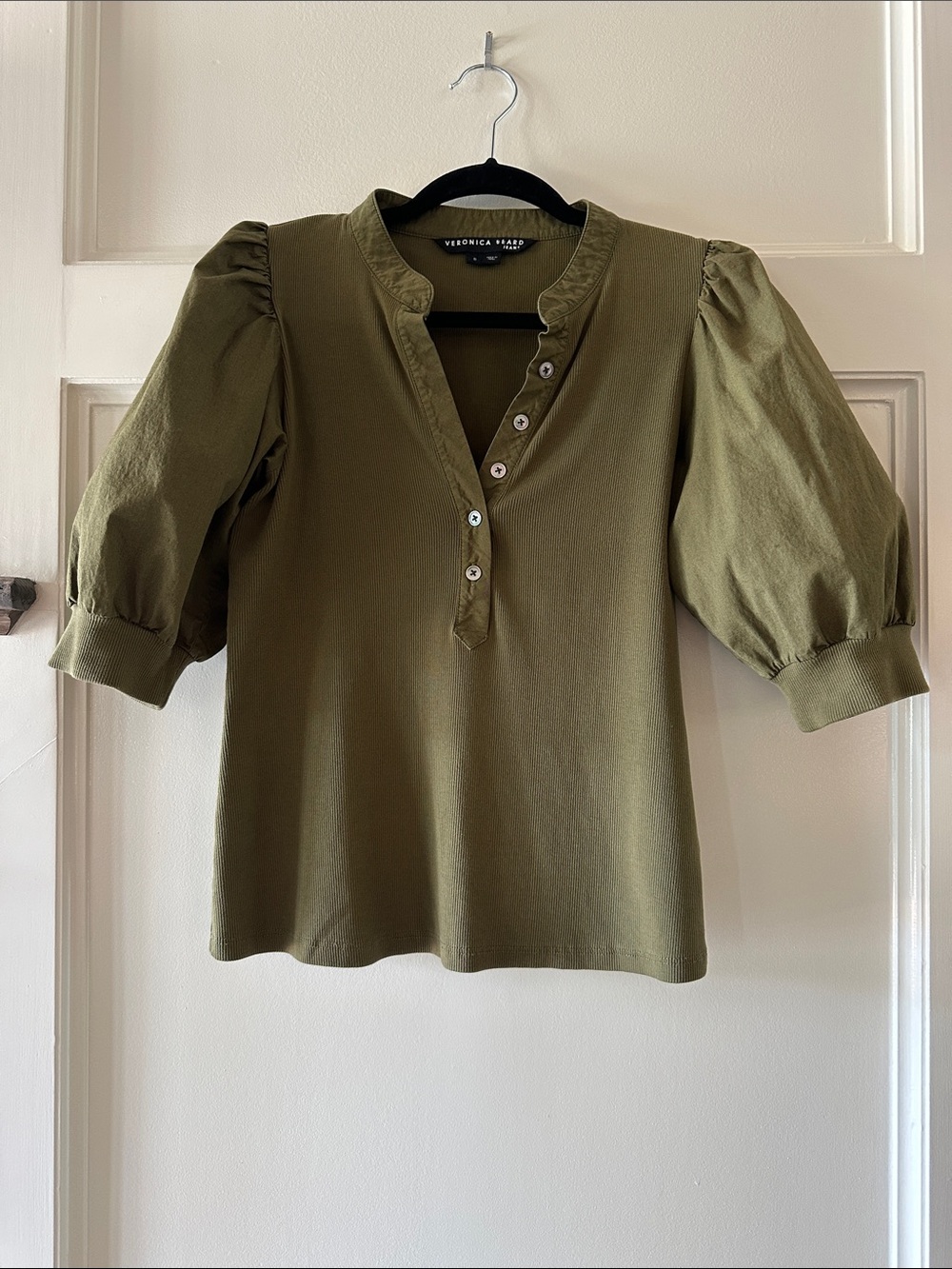 Veronica Beard Olive Puff-Sleeve Henley Blouse